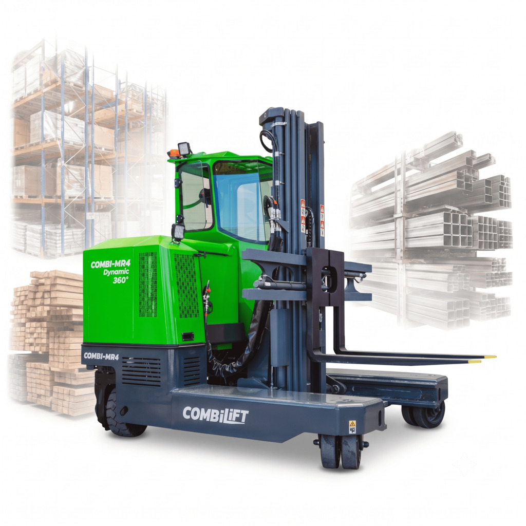 Grüner Combilift-Mehrwege-Gabelstapler, Modell Combi-MR4 Dynamic 360°, zentriert platziert, mit einer Gabel vorne und Rädern auf weißem Hintergrund. Der Stapler ist zwischen verblassten Lagerregalen mit Kartons, Holzstapeln und Stahlregalen positioniert. Die Beleuchtung ist neutral und gleichmäßig, mit einem weichen Kontaktschatten unter den Rädern. Die Beschriftung auf dem Stapler ist deutlich lesbar.
